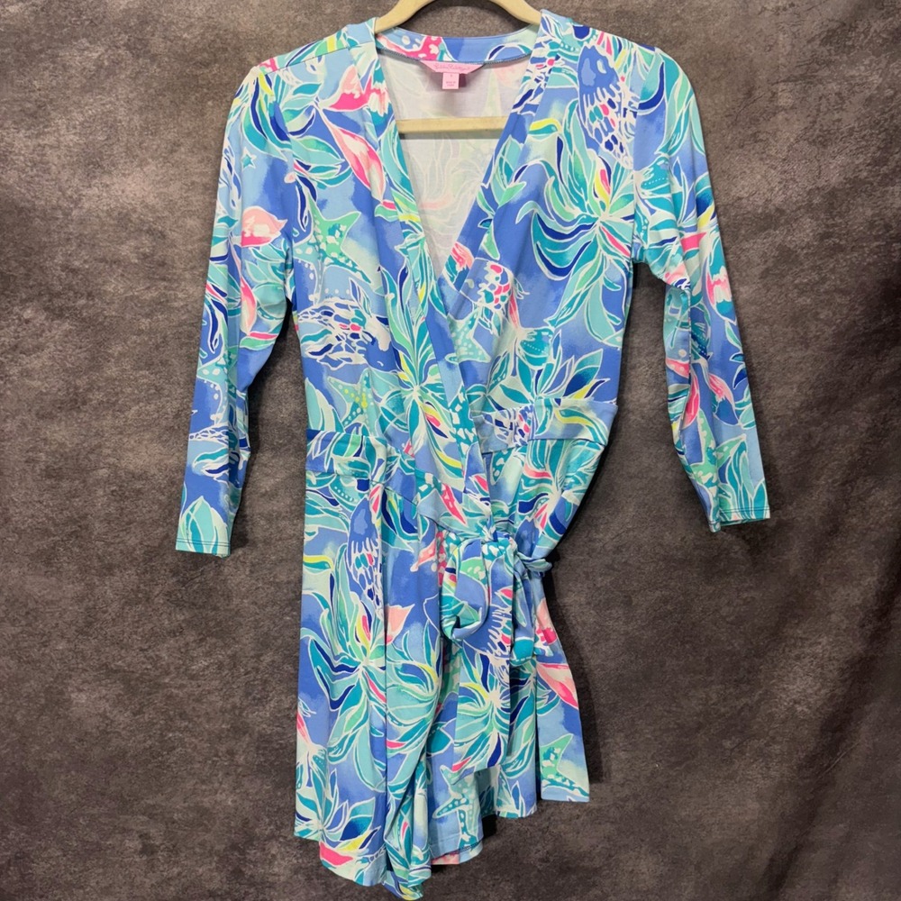 Lilly Pulitzer Karlie Wrap Romper Size S Bennett Blue Celestial Seas Starfish